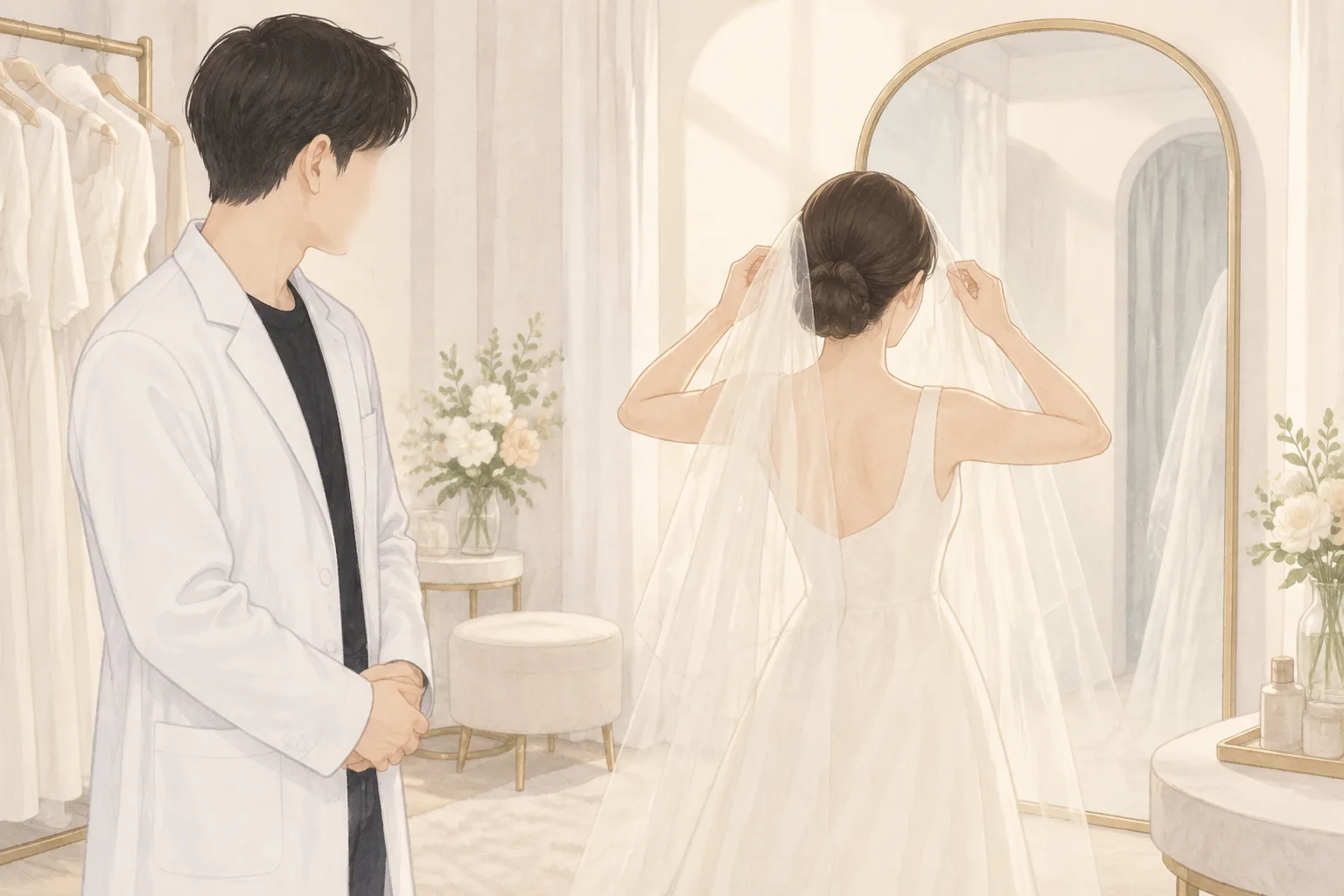 试衣间里穿象牙白婚纱的女子与一旁陪伴的男子