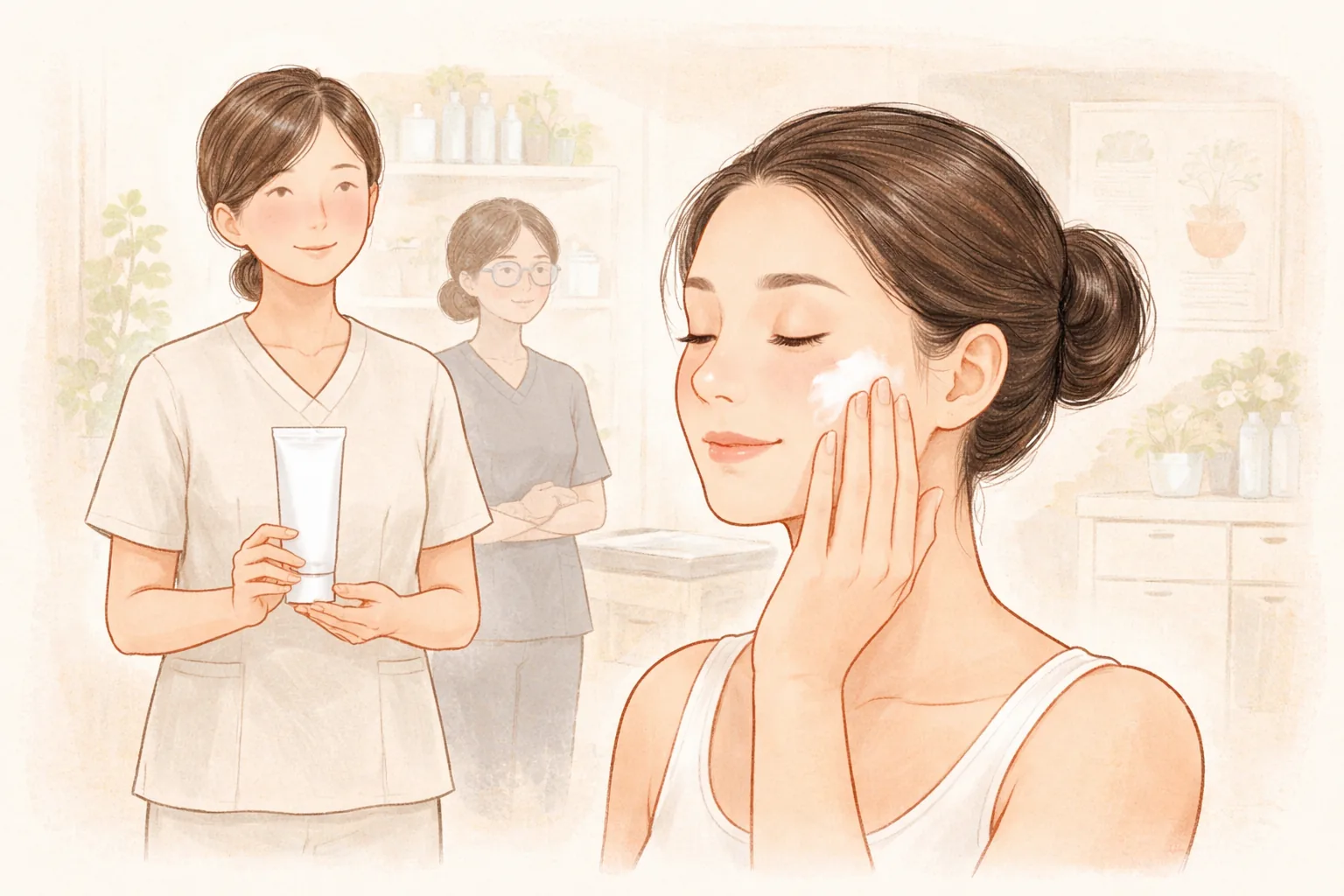 一名女性在面颊涂抹面霜,身后站着两位女性医护人员