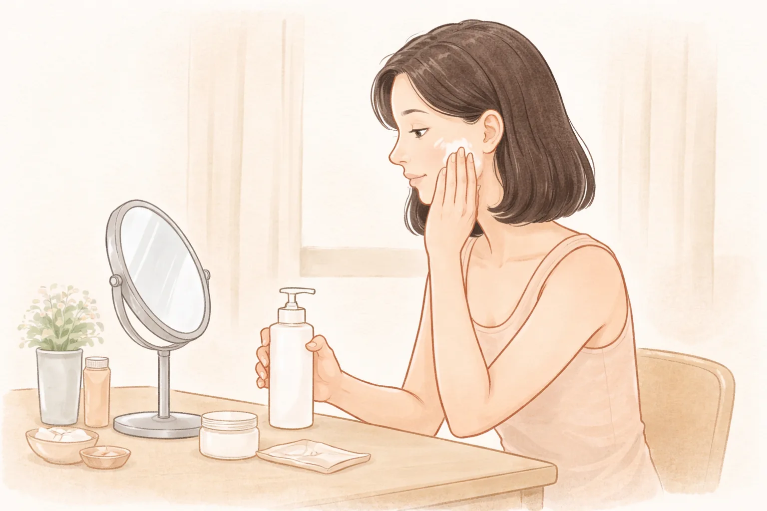 顔に手を当て保湿剤を塗る女性とテーブルの上の鏡と化粧品