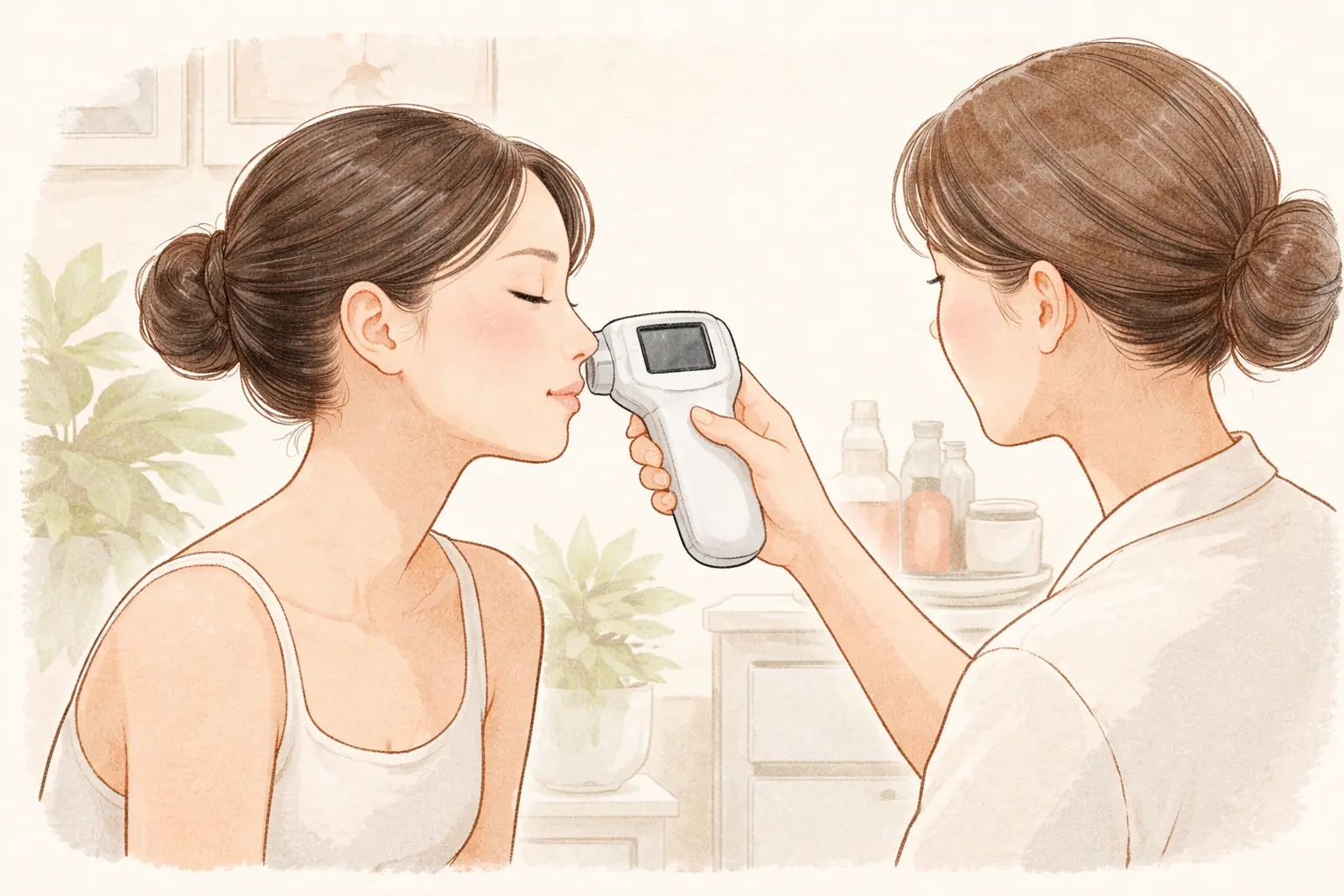 피부 분석 카메라를 얼굴 가까이에 대고 있는 의료진과 앞을 바라보는 여성
