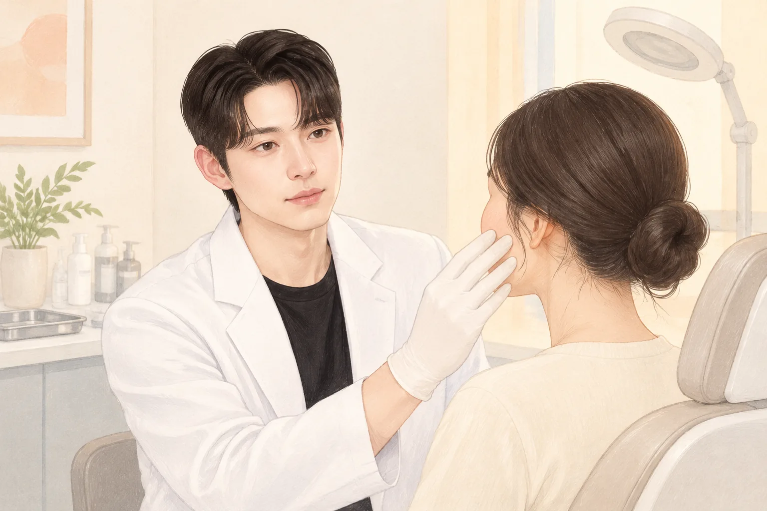 진료실에서 흰 가운을 입은 남성이 장갑 낀 손으로 여성의 얼굴을 살피는 모습