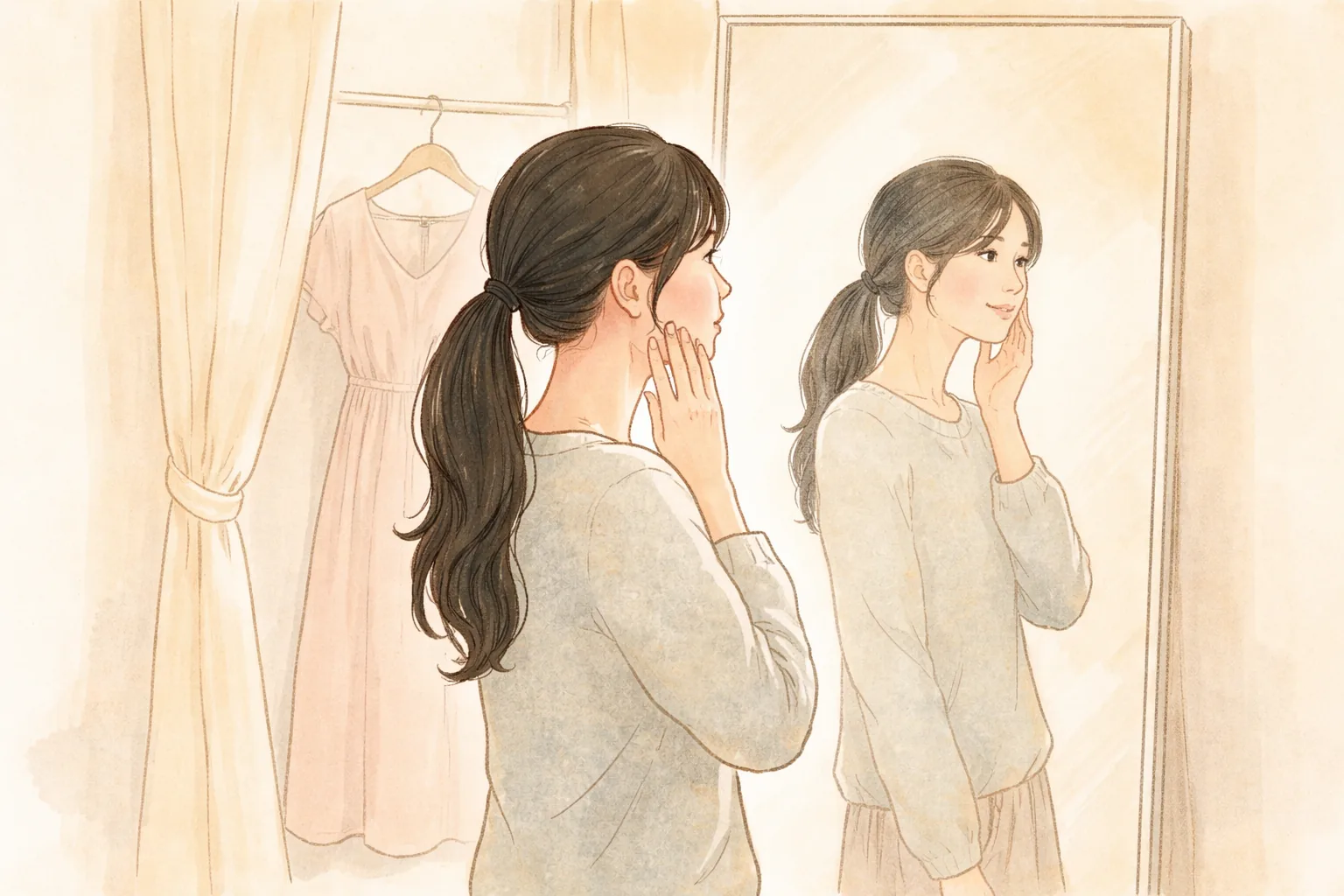 在明亮試衣間裡綁起長髮的女性，看著鏡子並將手放在臉頰附近