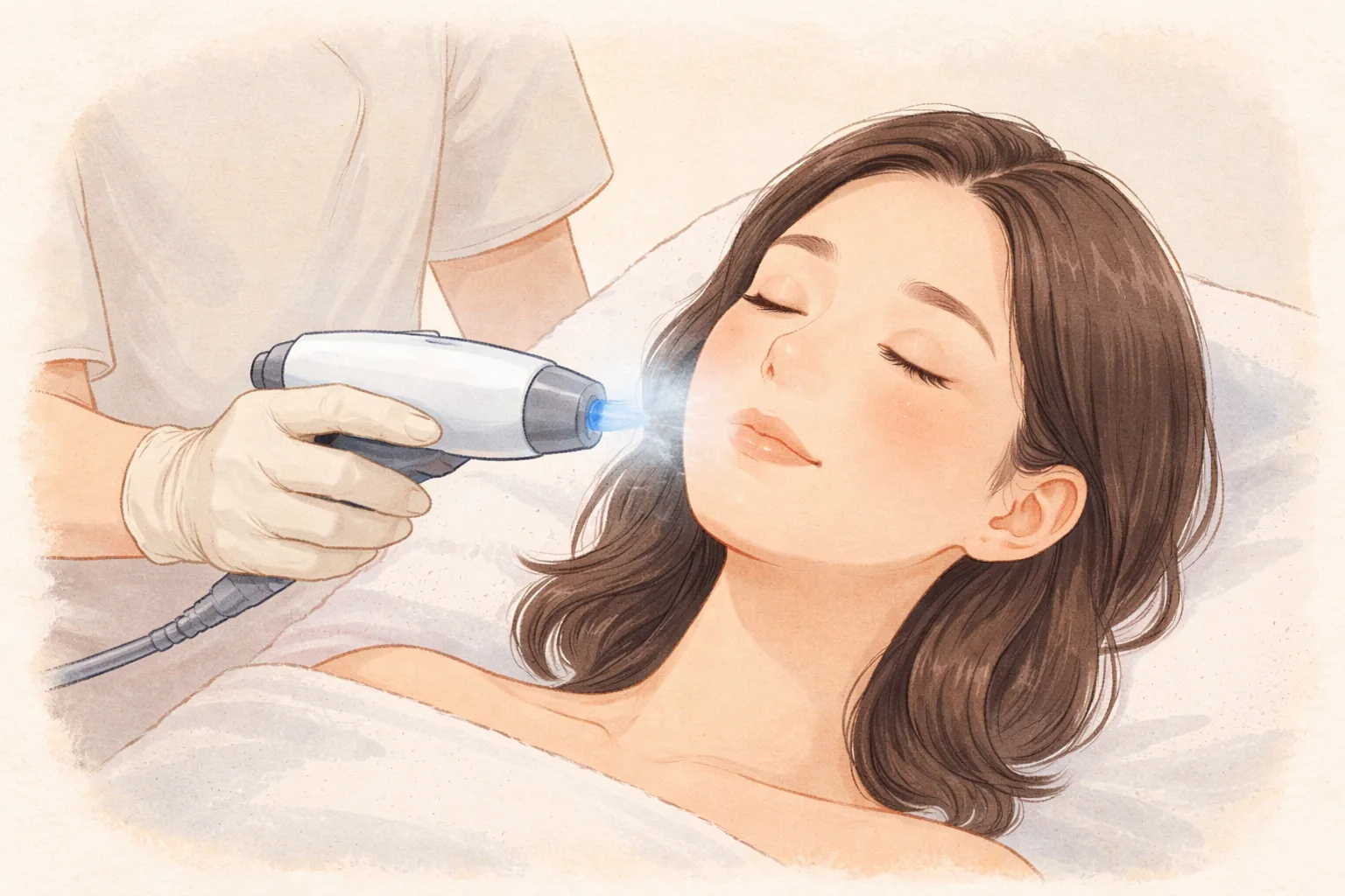 Gloved hand applying a cooling device to the cheek of a woman lying with eyes closed