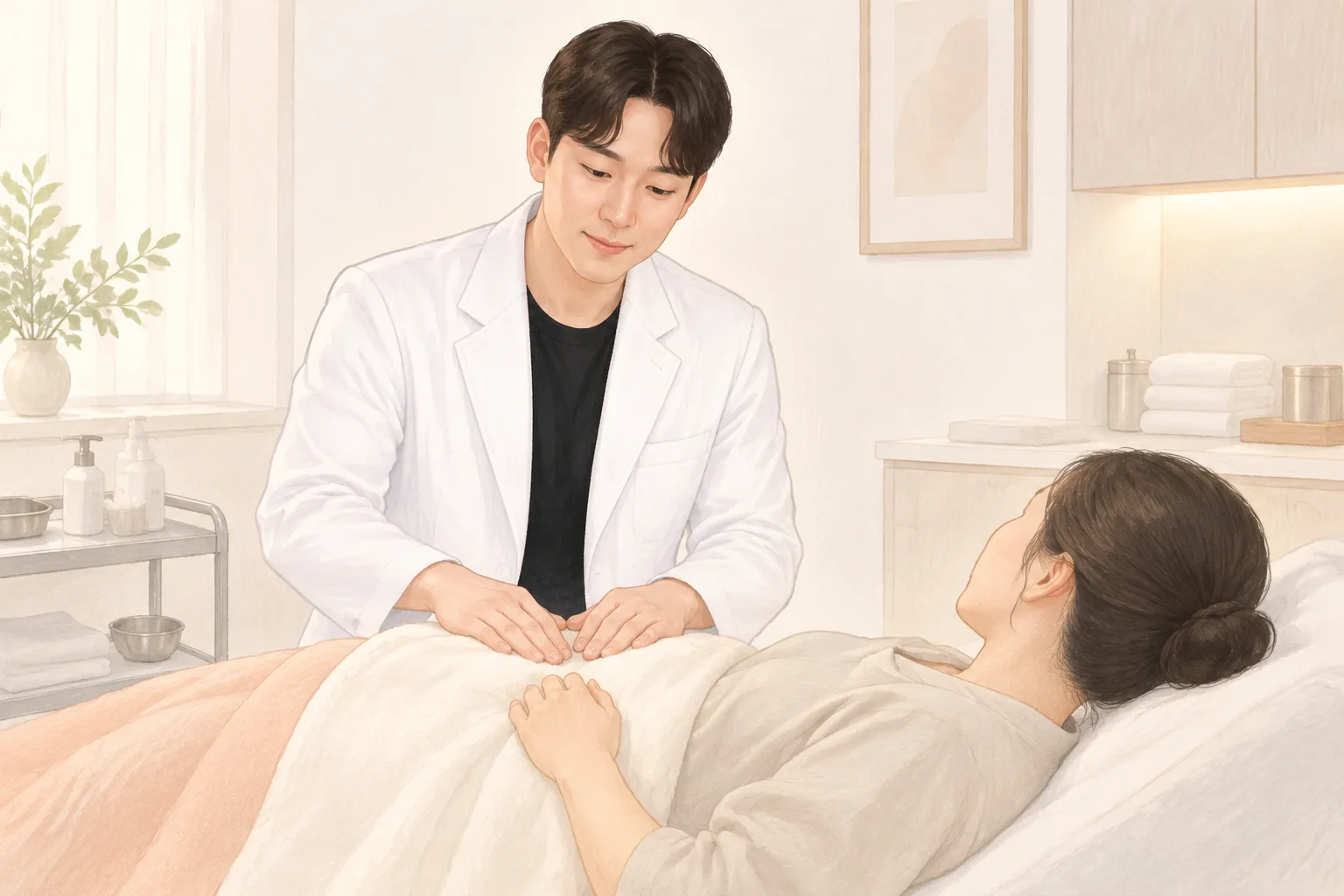 ベッドに横たわる女性患者の腹部に触れて確認する男性医師