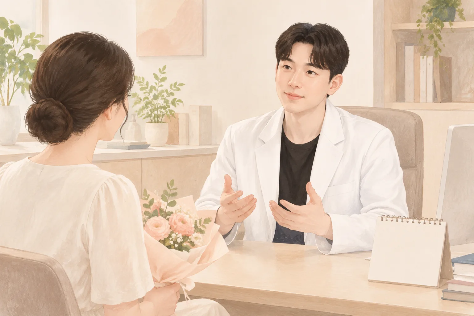 꽃다발을 들고 의자에 앉아 있는 여성과 마주 앉아 대화하는 남자 의사