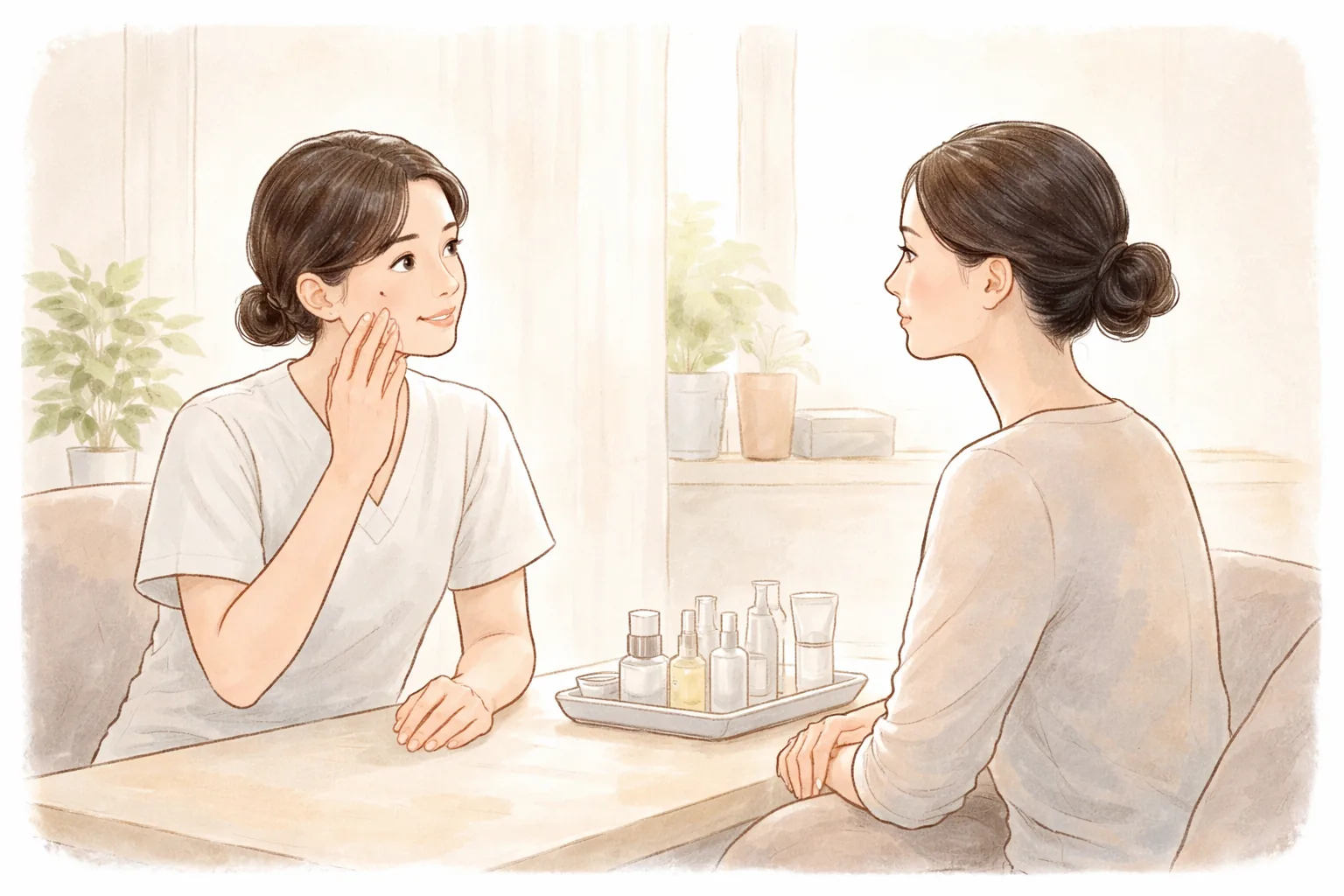 밝은 상담실에서 의료진이 앉아 여성의 볼을 가리키며 이야기하는 모습