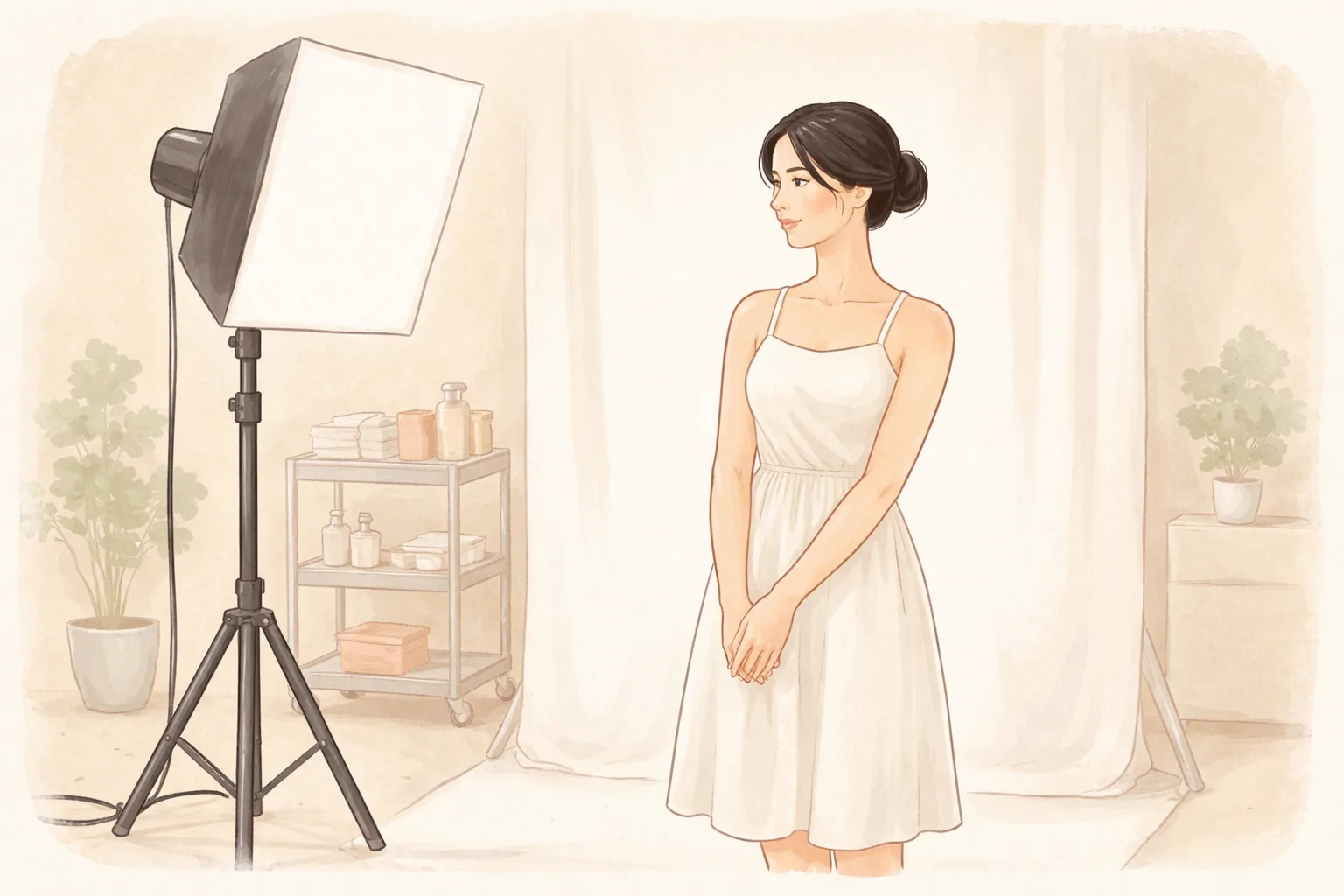 Wanita berbusana putih bersiap untuk pemotretan di studio