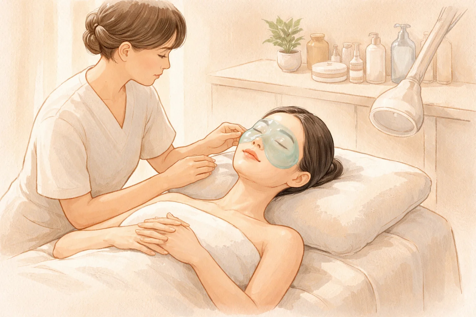 Wanita menempelkan masker gel pendingin pada wajah wanita yang berbaring