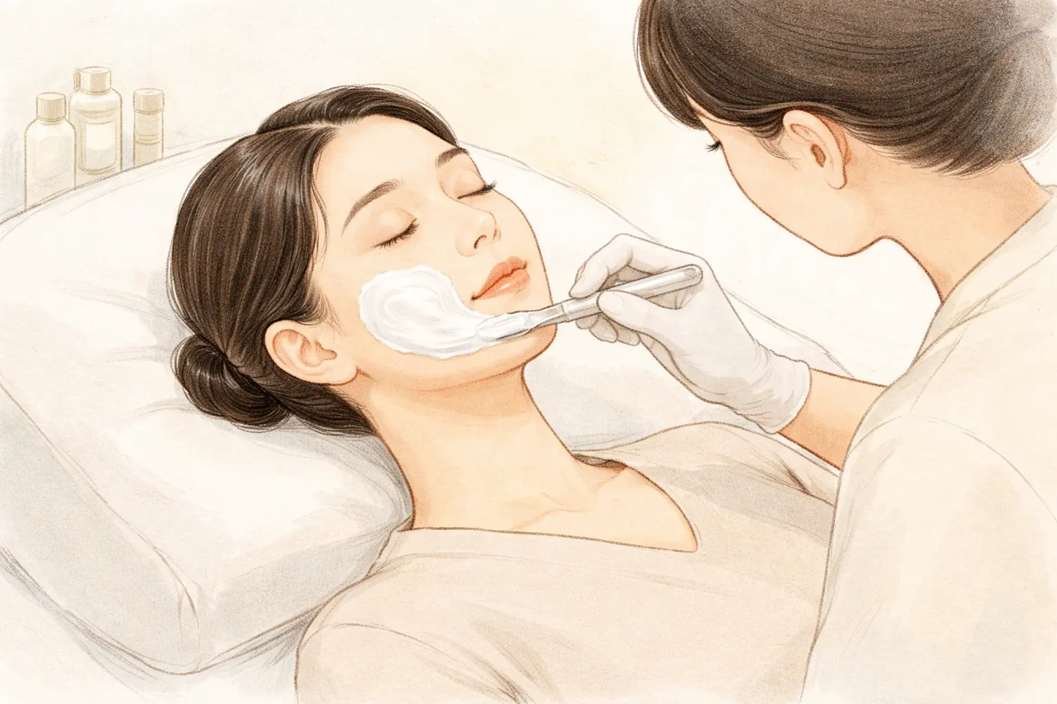 베개에 누운 여성의 볼에 장갑 낀 손이 크림을 고르게 바르고 있음