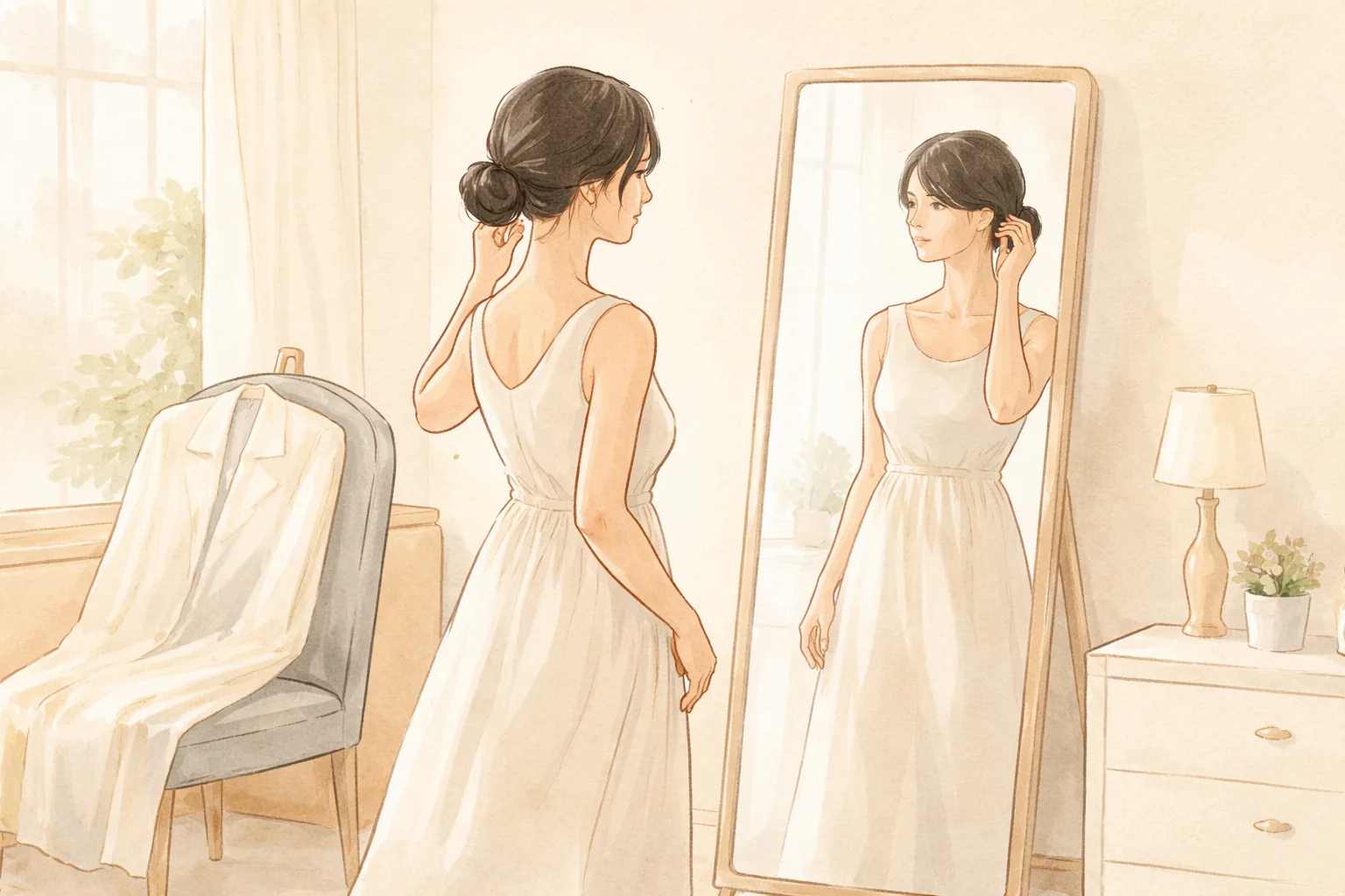 Mujer con vestido blanco arreglándose el cabello frente al espejo