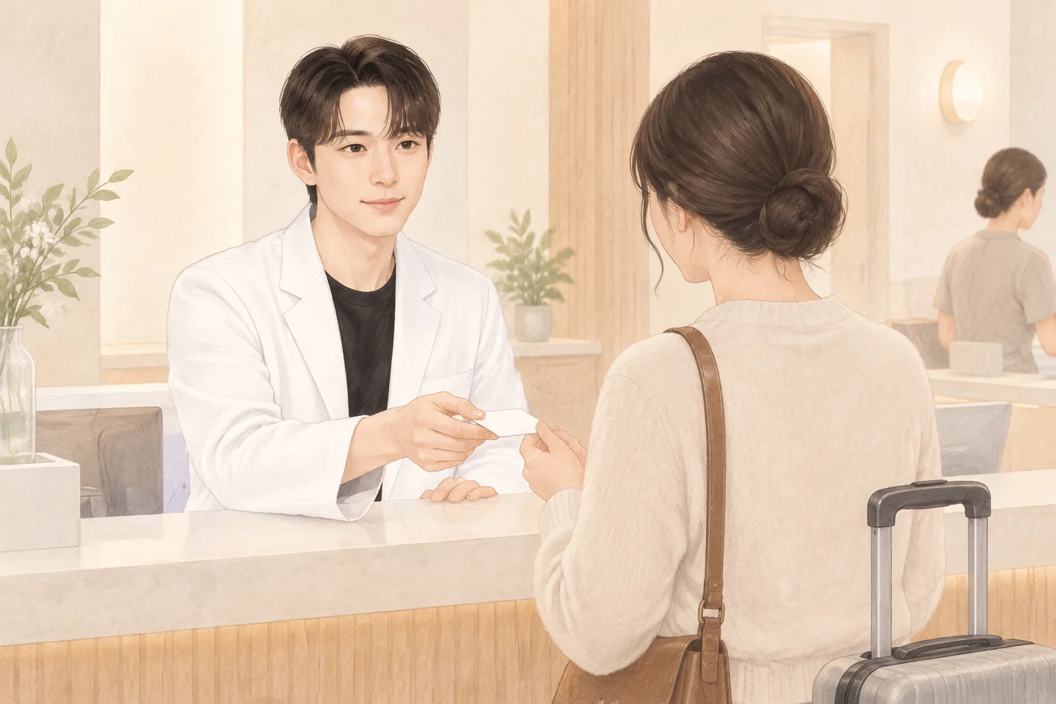 A man in a white coat handing a small card at a counter, with a female patient and a travel bag visible