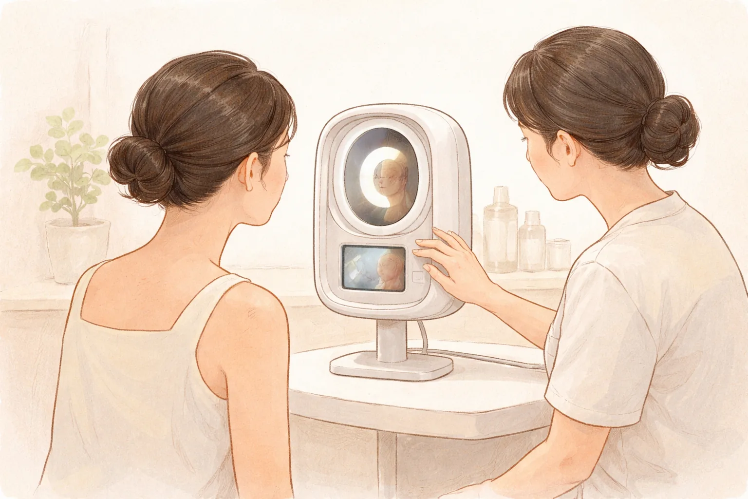 Woman seated at a skin analysis device while another operates it