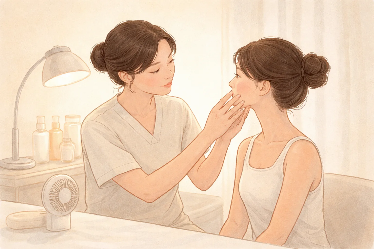 医療スタッフが患者の頬をやさしく確認している様子