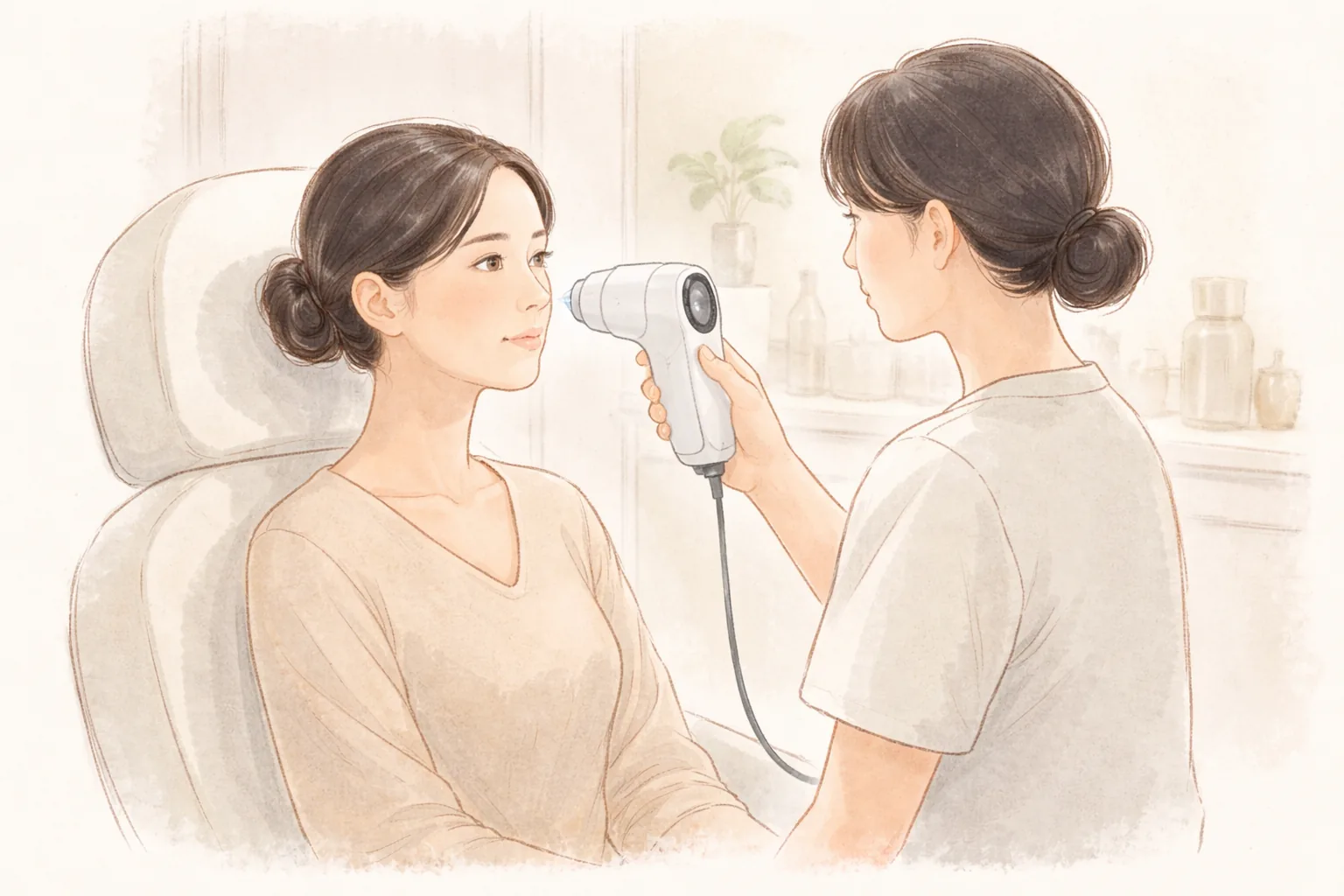 피부 분석 카메라를 들고 있는 의료진과 앉아 있는 여성