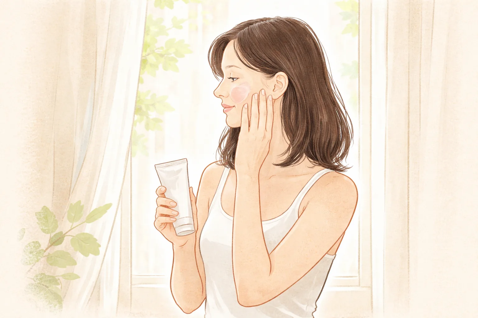 部屋で窓のそばに立ち頬にクリームを塗る黒髪の女性
