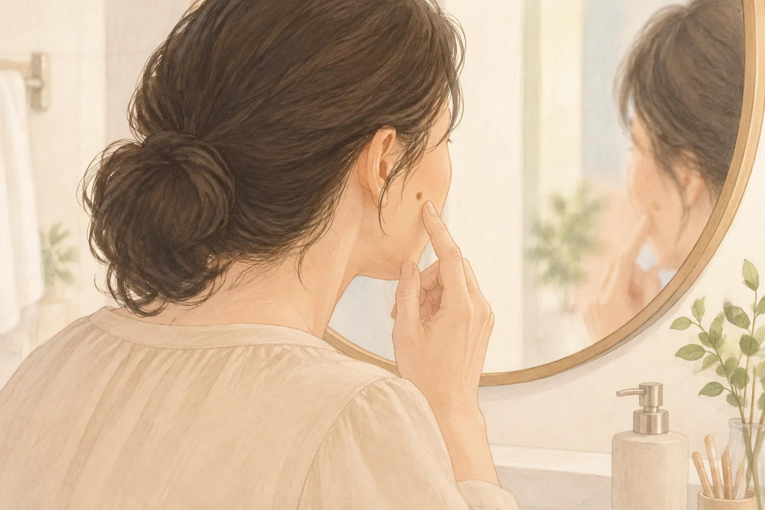 鏡の前で頬を眺め、指で顔に触れる女性