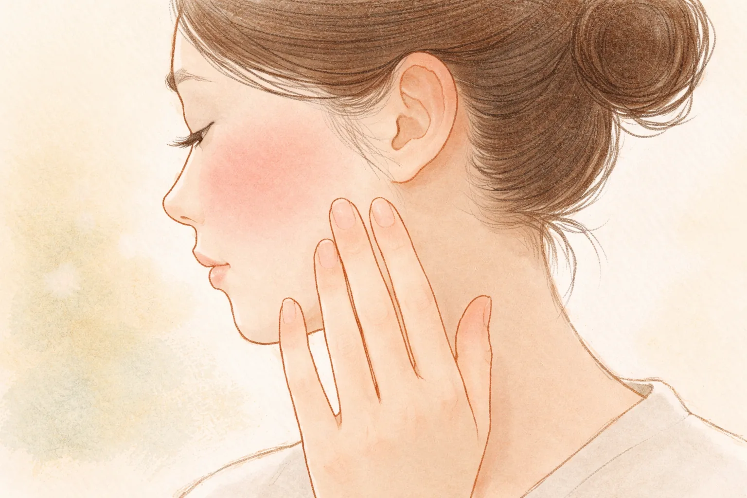 指先を頬の近くに置いた女性が横向きで赤みを確認している様子