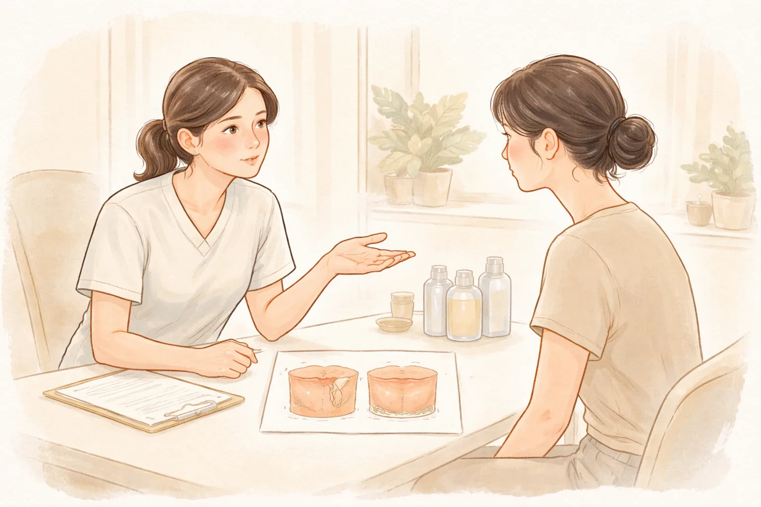 상담 테이블에서 여성 의료진과 환자가 대화하는 모습