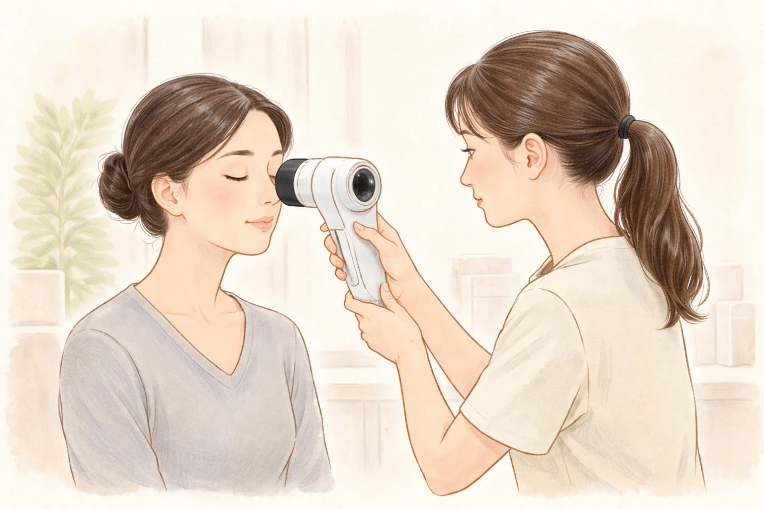 Woman having her cheek photographed with a skin analysis camera while a clinician assists