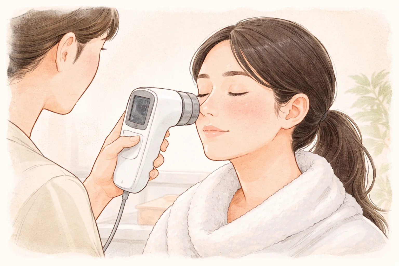 醫療人員用皮膚分析攝影機檢查女性臉部