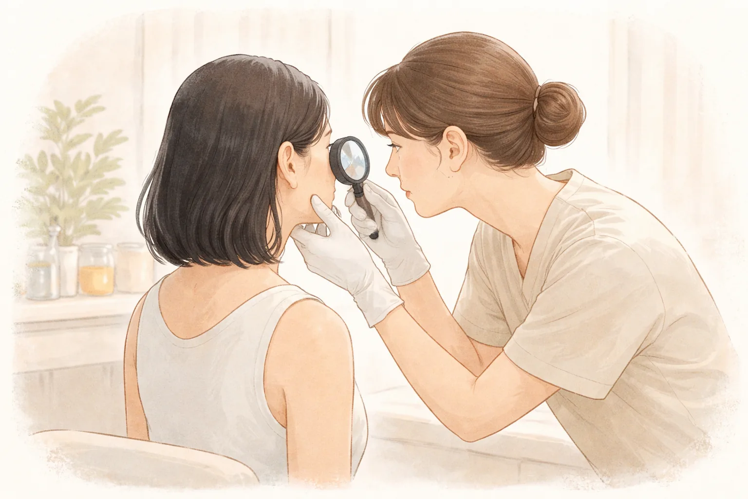 医療スタッフが手袋をして小さな拡大鏡で女性のほおを診る様子