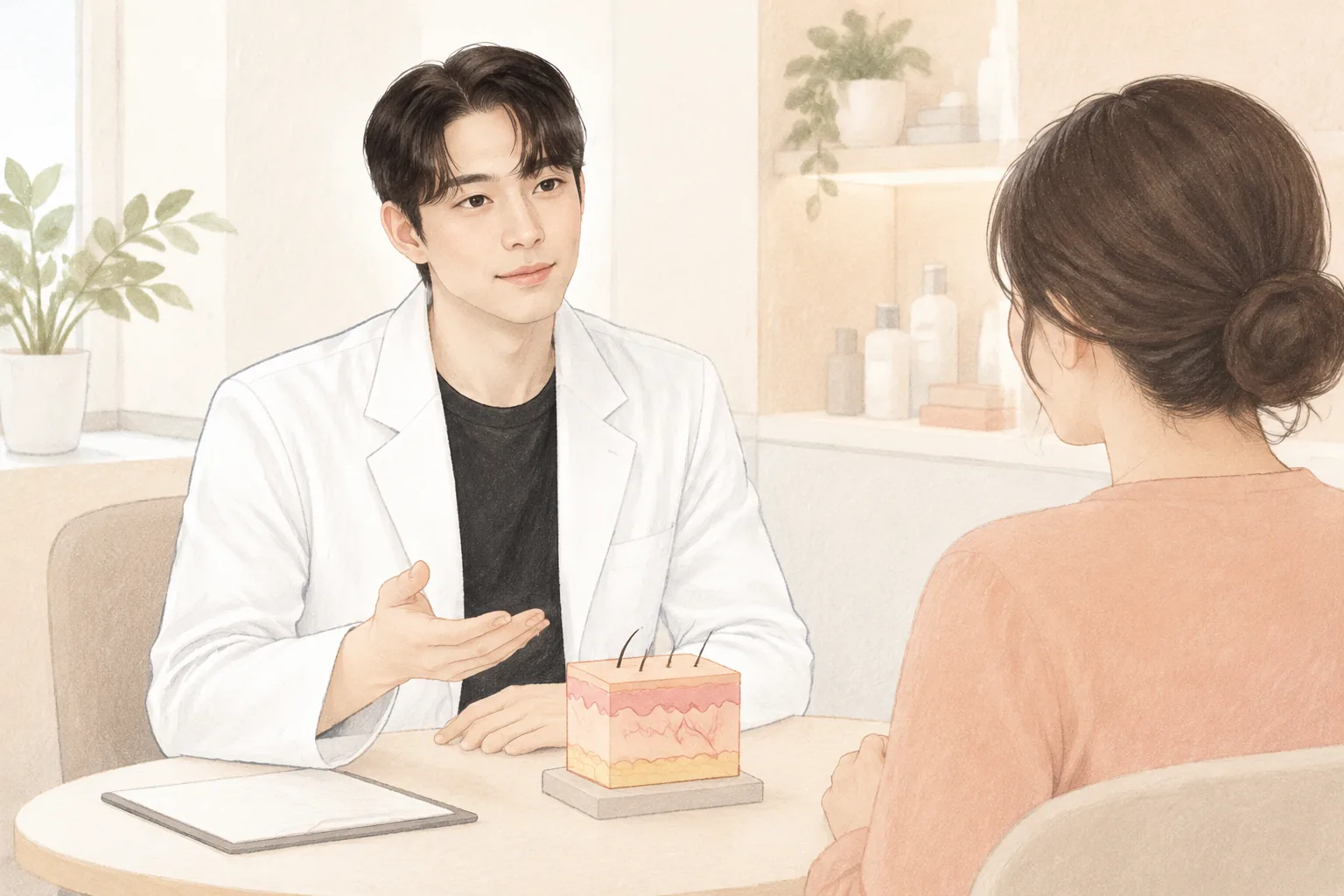 医師が肌の模型を見せて座り、患者が向かい合って座っている