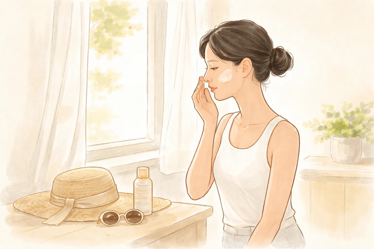 女子在明亮窗邊塗抹防曬，桌上有帽子與太陽眼鏡