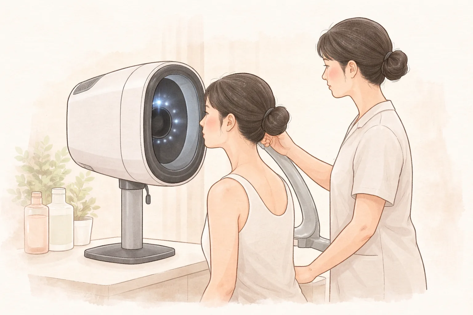 肌分析機器の前に座り撮影される女性と横で機器を操作する医療スタッフ