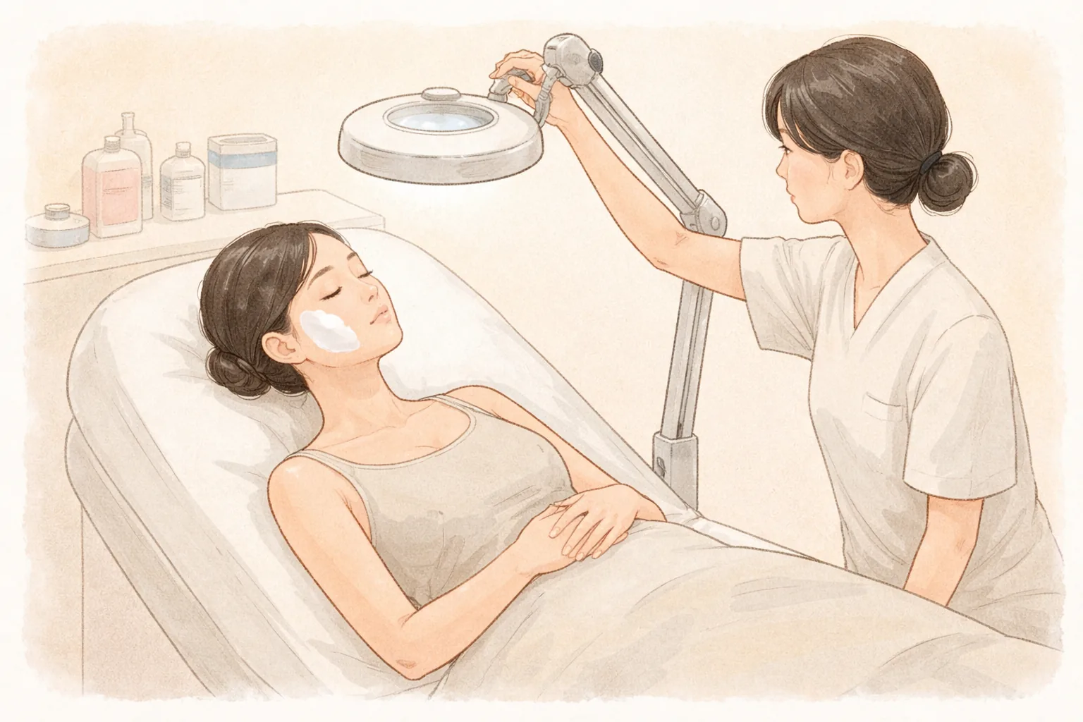 마취 크림을 바른 여성과 조명 조절하는 의료진