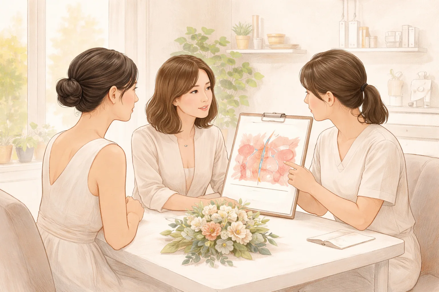 작은 꽃다발이 놓인 테이블에서 두 여성과 의료진이 상담하는 모습
