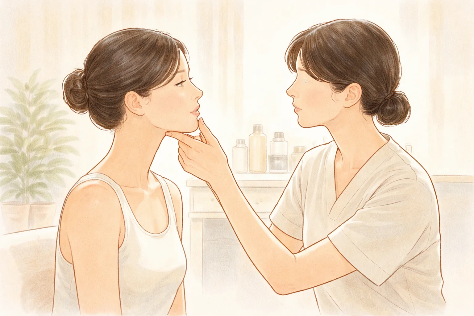 柔らかな光の下に座る女性とその顔を診る医療スタッフ
