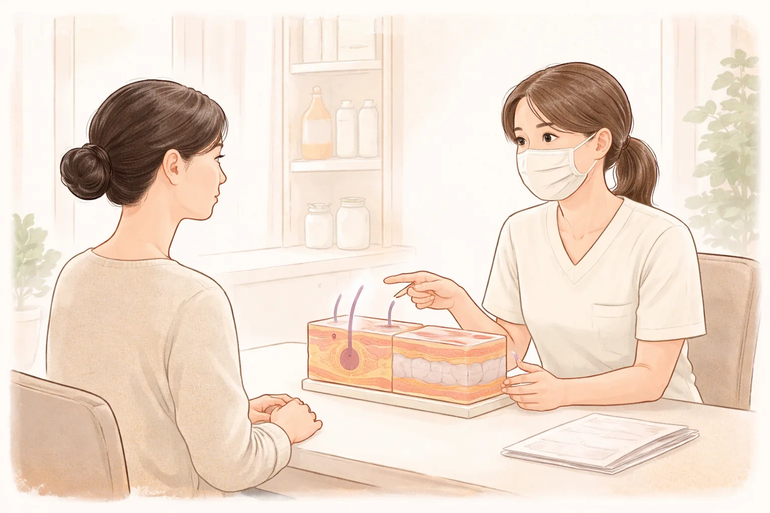 마스크를 쓴 의료진이 피부 단면 모형 가리키며 앉아 있는 여성에게 설명하는 모습