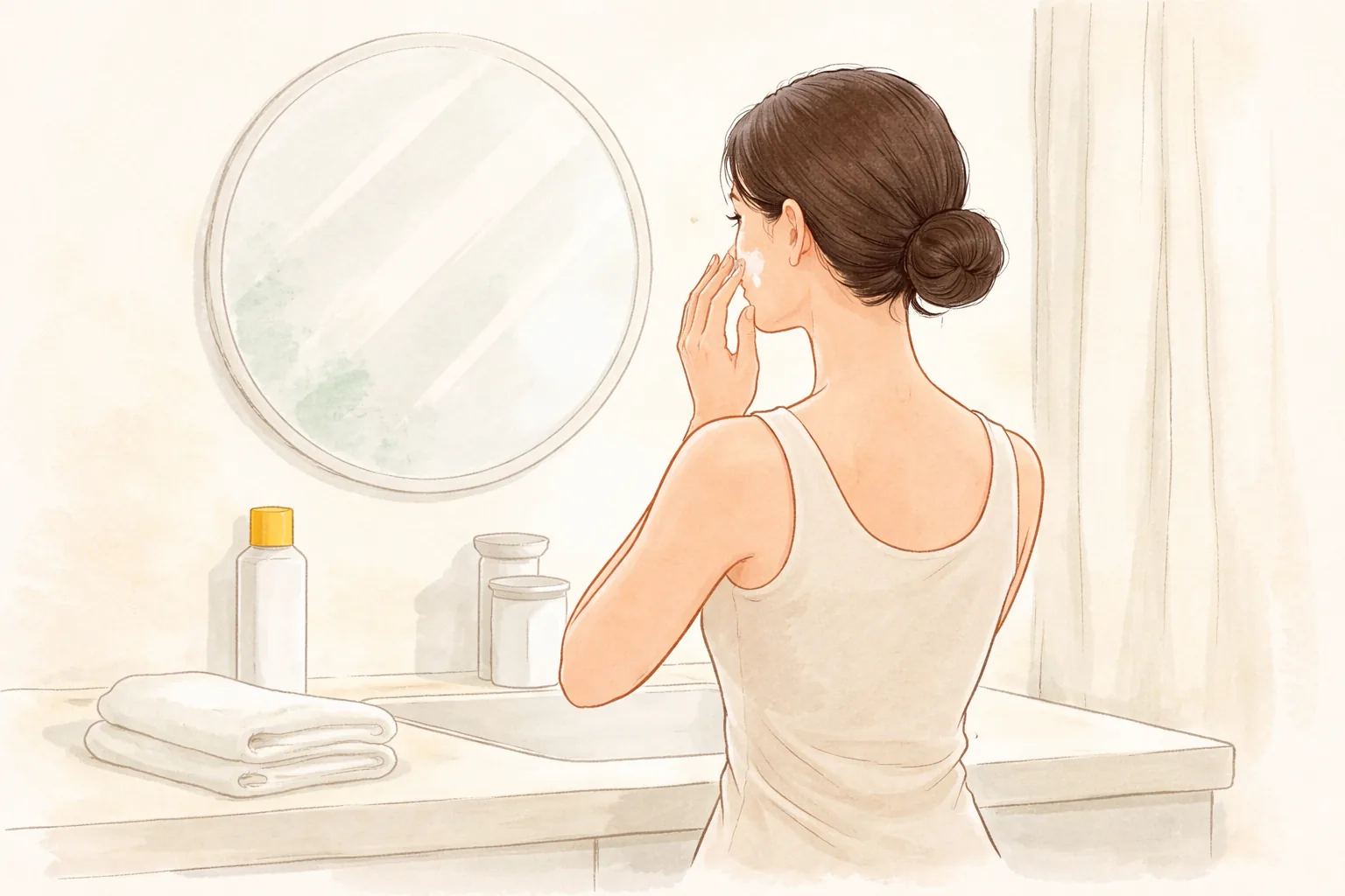 Mujer aplicándose crema hidratante en las manos frente al espejo del baño