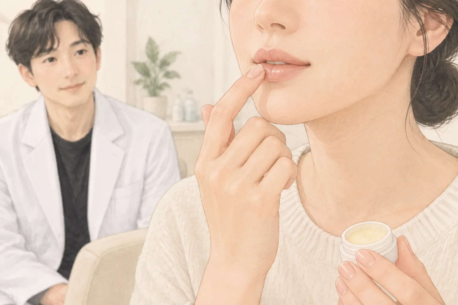 امرأة تضع مرطباً على شفايفها ورجل يجلس خلفها