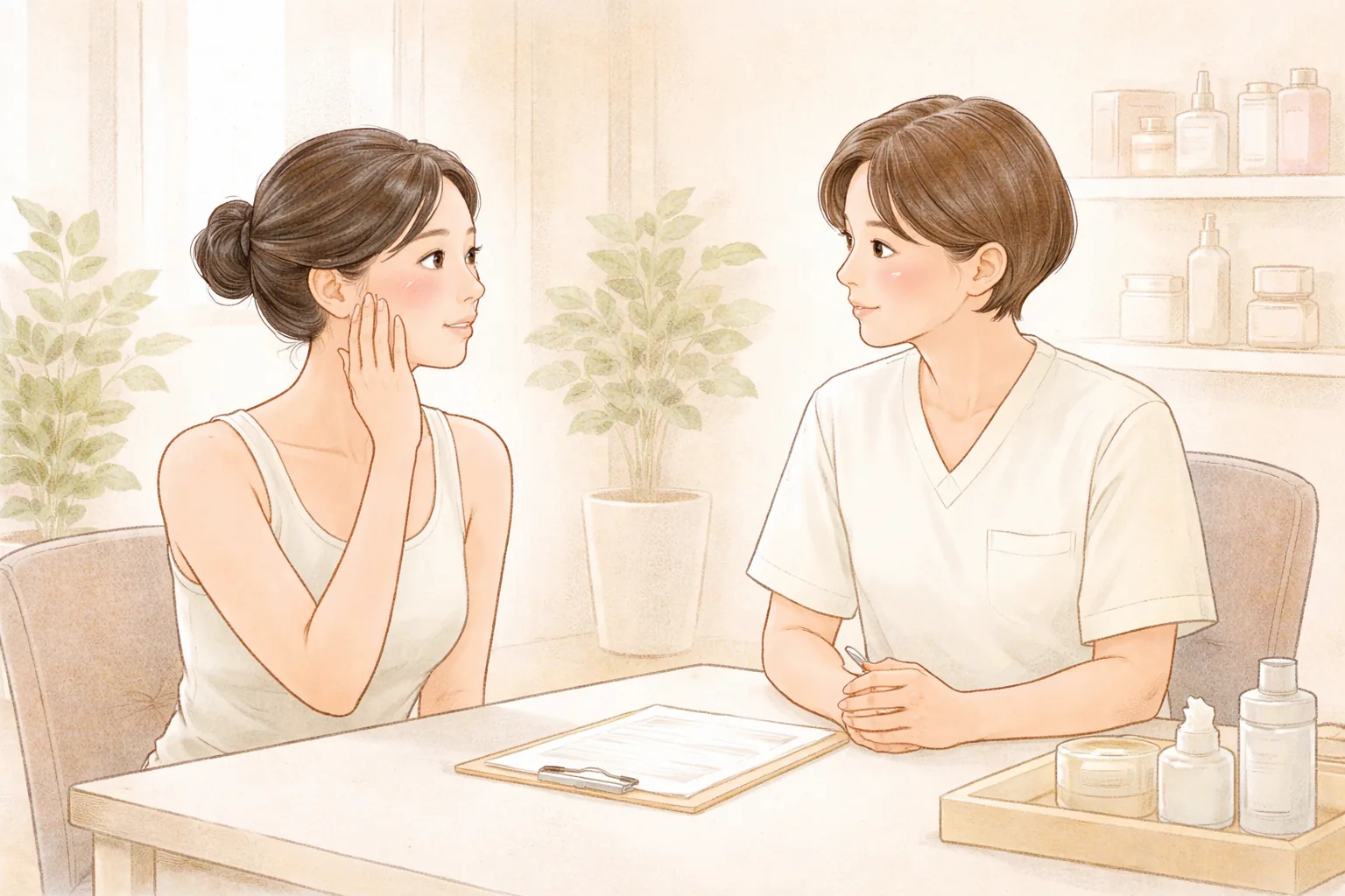 Dua wanita duduk berhadapan dengan staf medis, salah satu menunjuk pipinya yang memerah