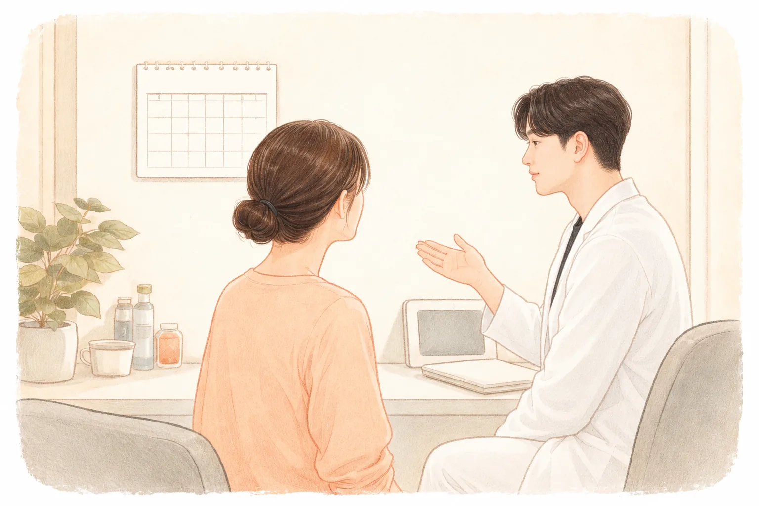 Medical staff in scrubs and a patient talking while looking at a calendar in a consultation room