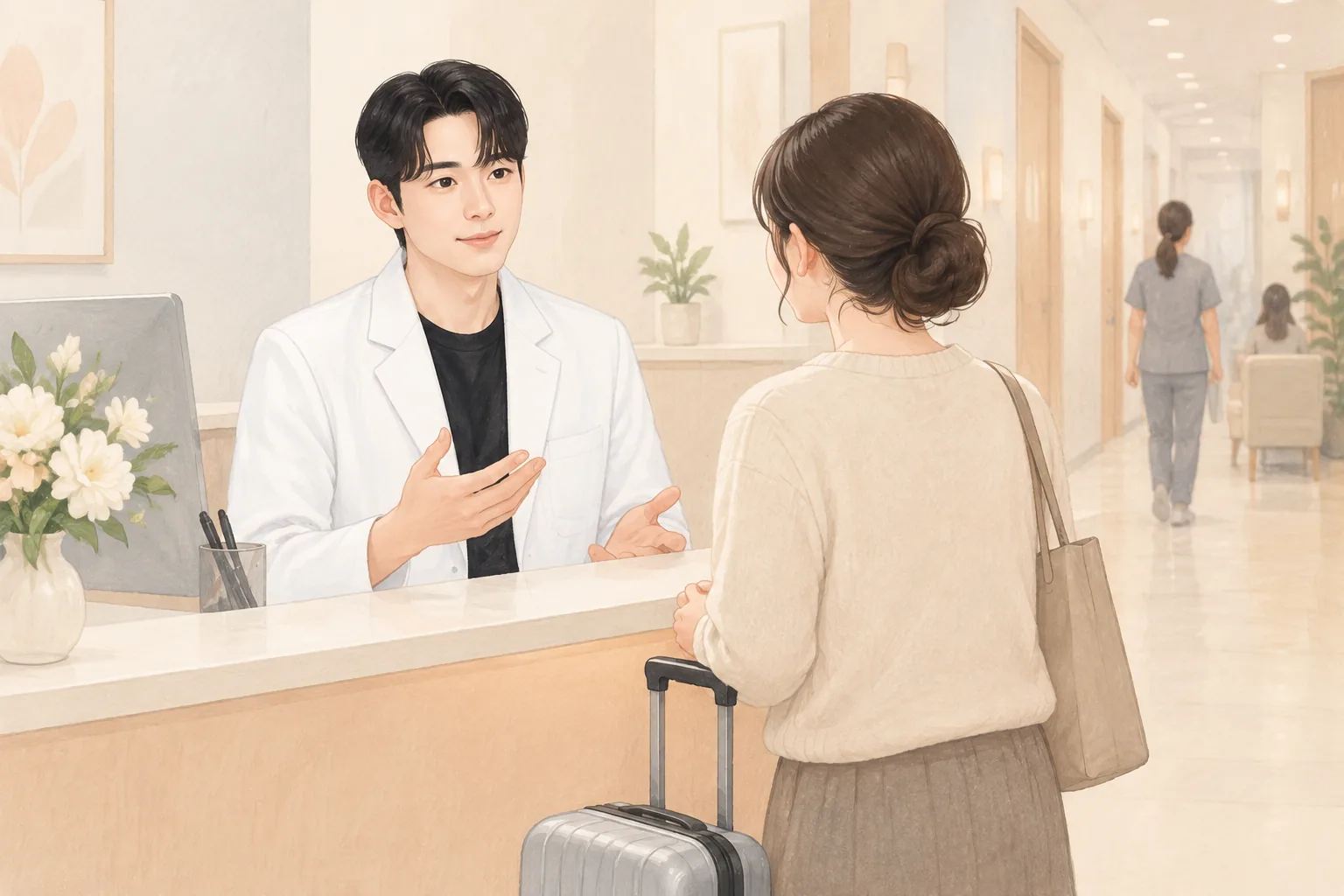 診察室で小さなスーツケースを横に置いた女性患者が医師と相談している