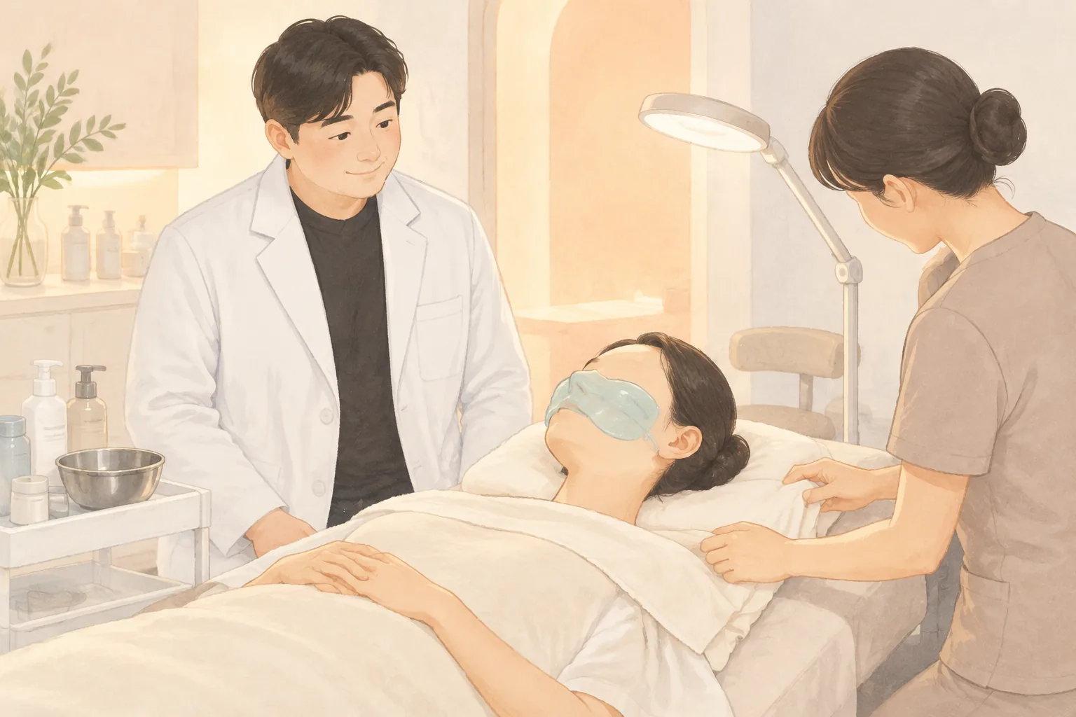 診間裡病人躺著敷冷凝膠面膜，工作人員整理毛巾