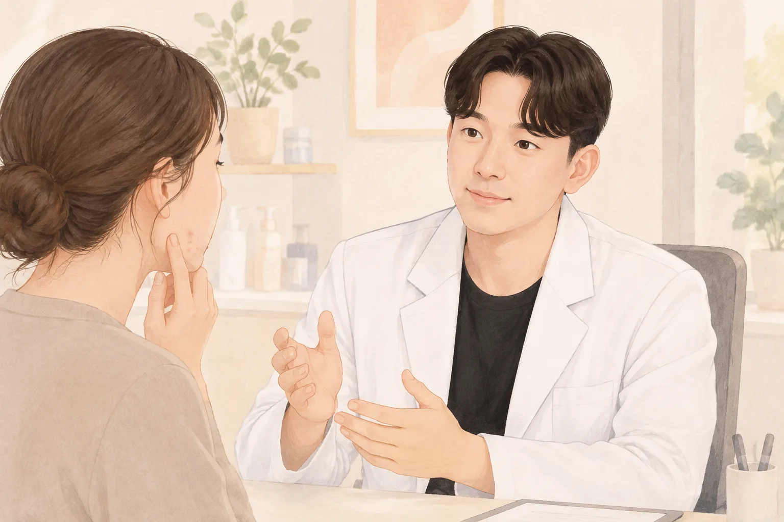 진료실에서 환자의 얼굴을 살피며 상담하는 남성 의사와 여성 환자