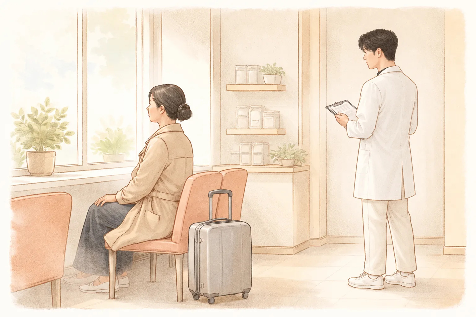 一名女子坐在椅子上望向窗外，旁邊有拿著夾板的護理師