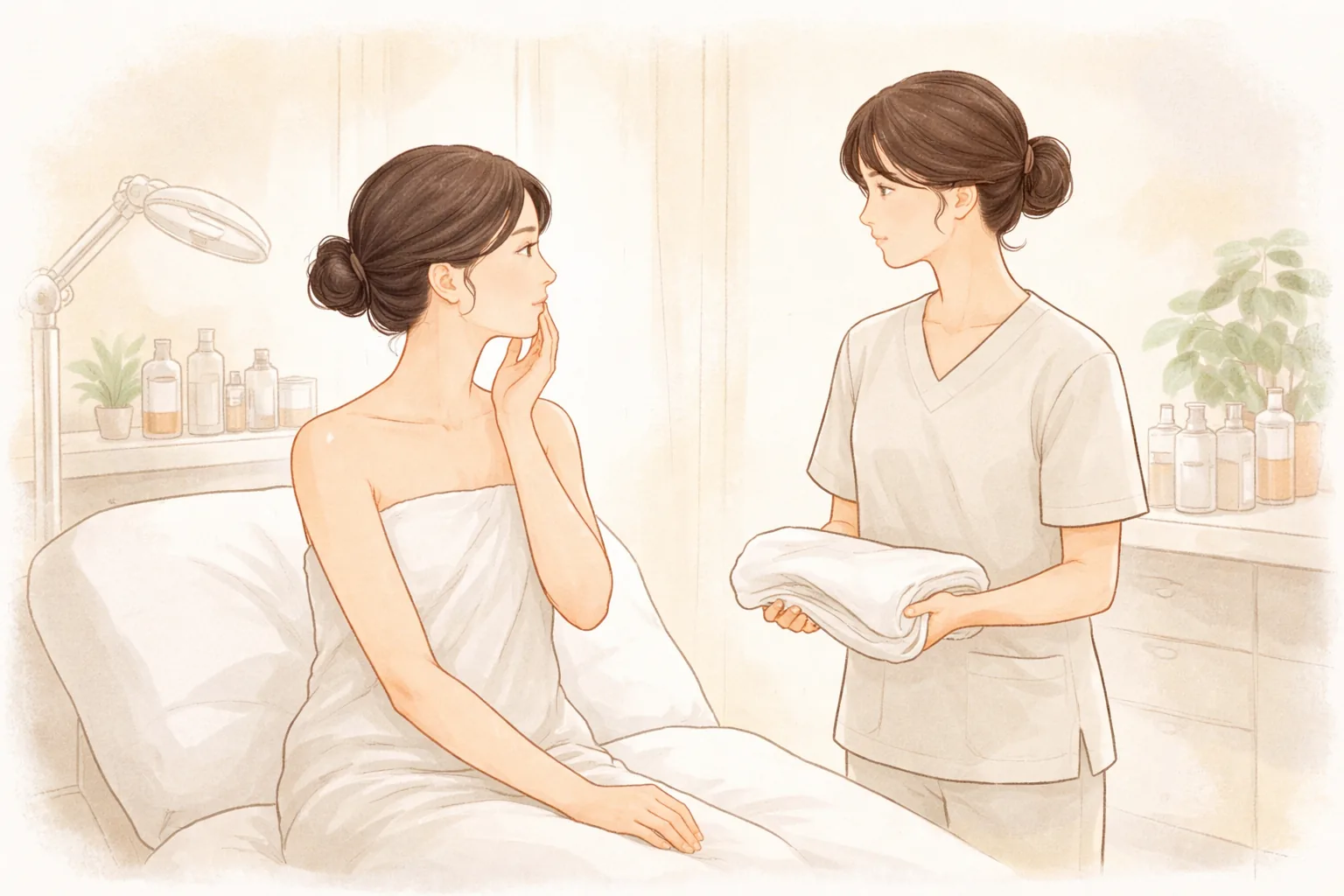 診察ベッドに座って頬に手を当てる女性と、隣でタオルを持つ医療スタッフ