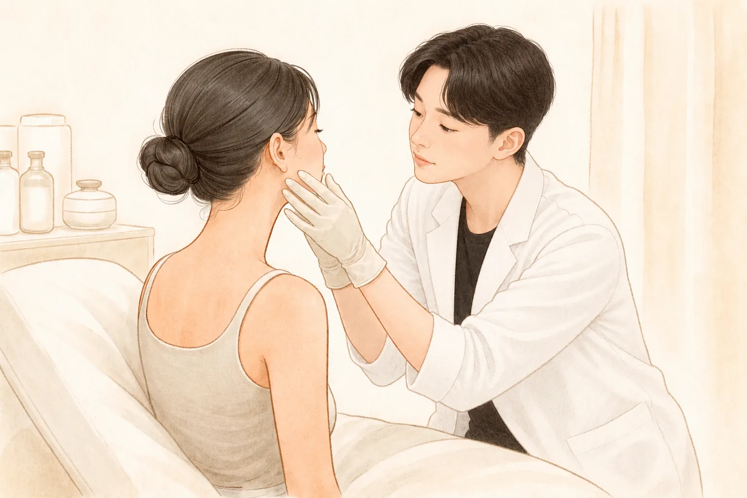 A doctor wearing gloves examines the face of a woman sitting on a bed