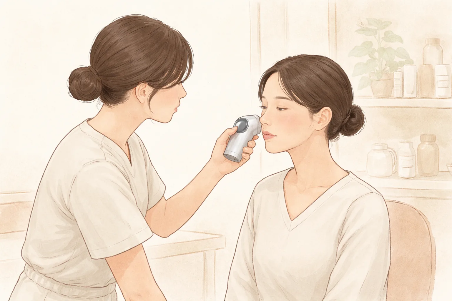 医护人员用皮肤分析仪检查女性脸颊