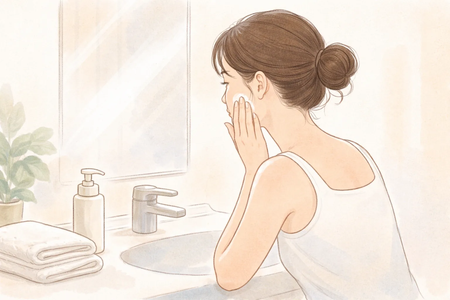 Mujer con el pelo recogido aplicándose crema hidratante en la mejilla frente al lavabo