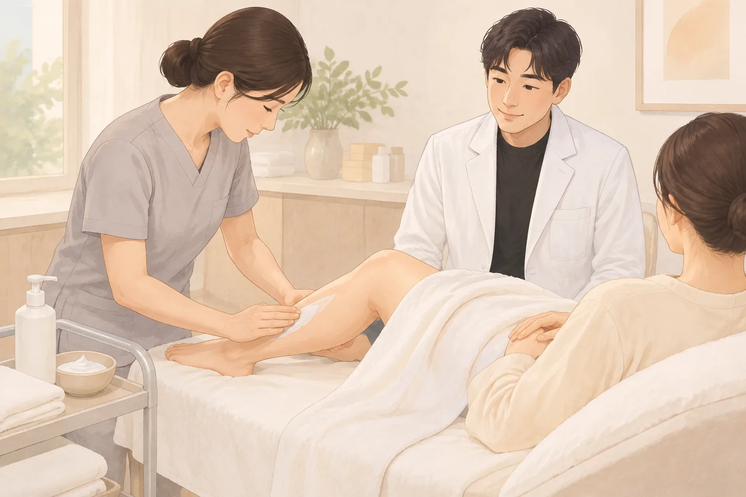 환자의 다리에 보습제를 바르는 간호사와 이를 지켜보는 남성과 환자