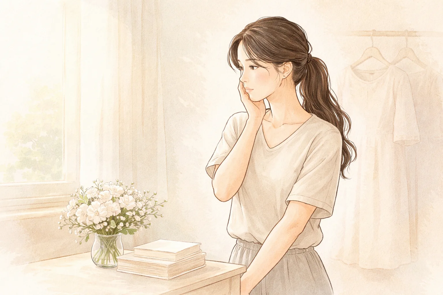 햇살이 드는 방에서 흰 꽃 옆에 서서 볼을 만지는 갈색 머리 여성
