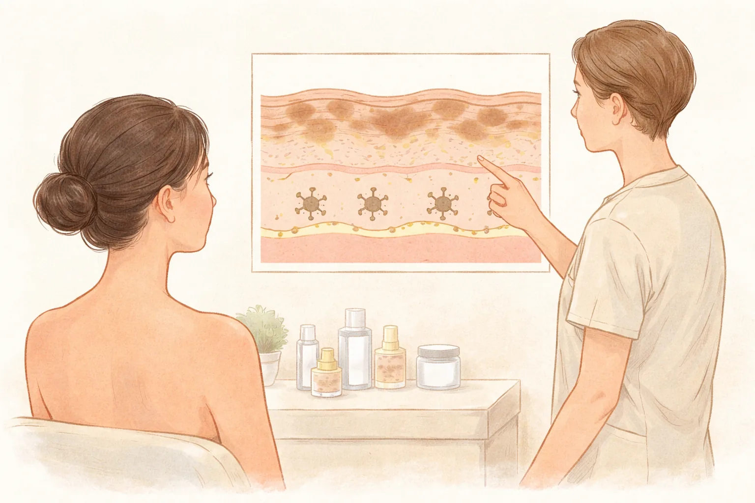 女性患者と医療スタッフが皮膚断面図を見ながら説明する様子