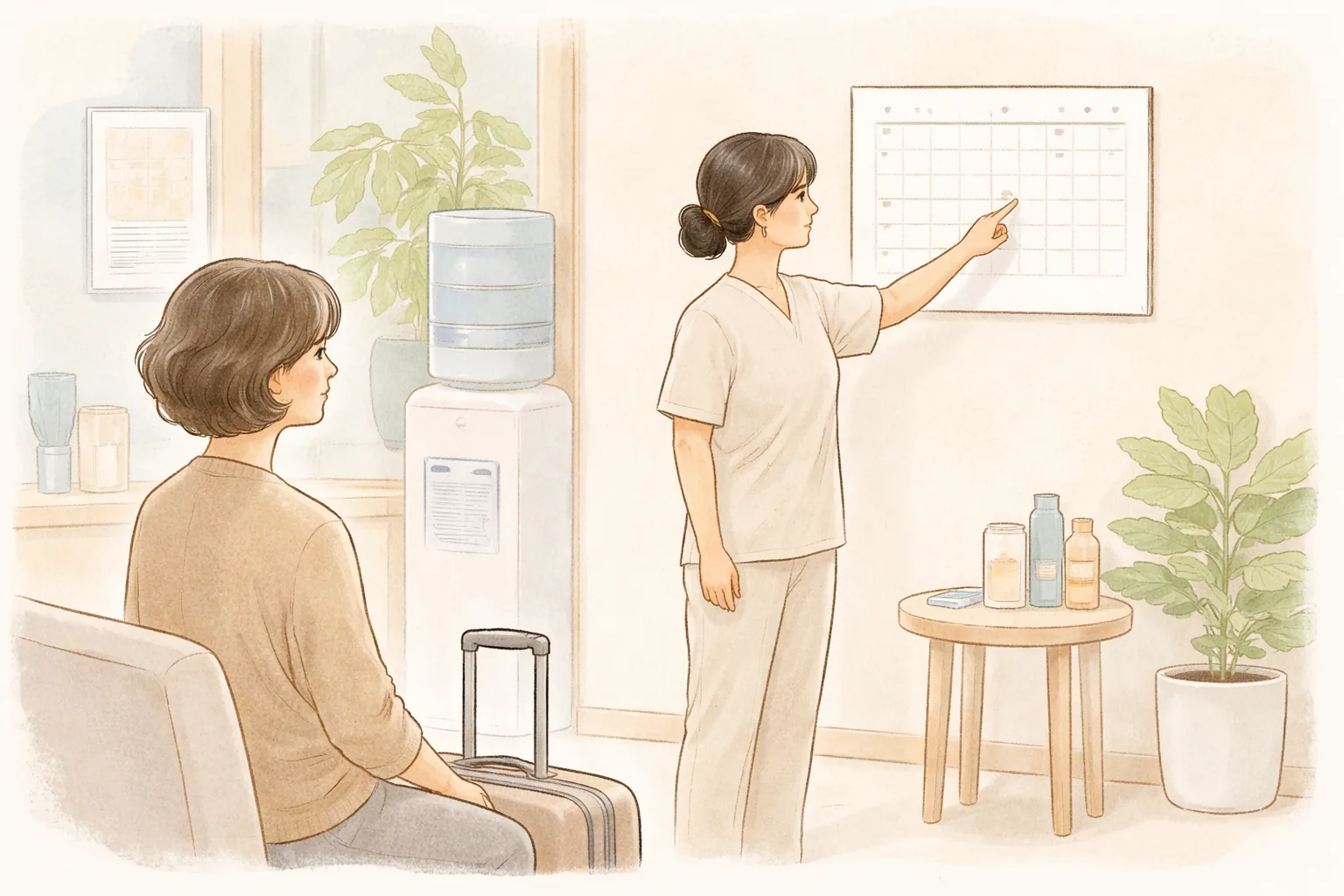 坐在行李箱旁指着墙上日历咨询的女性与医护人员