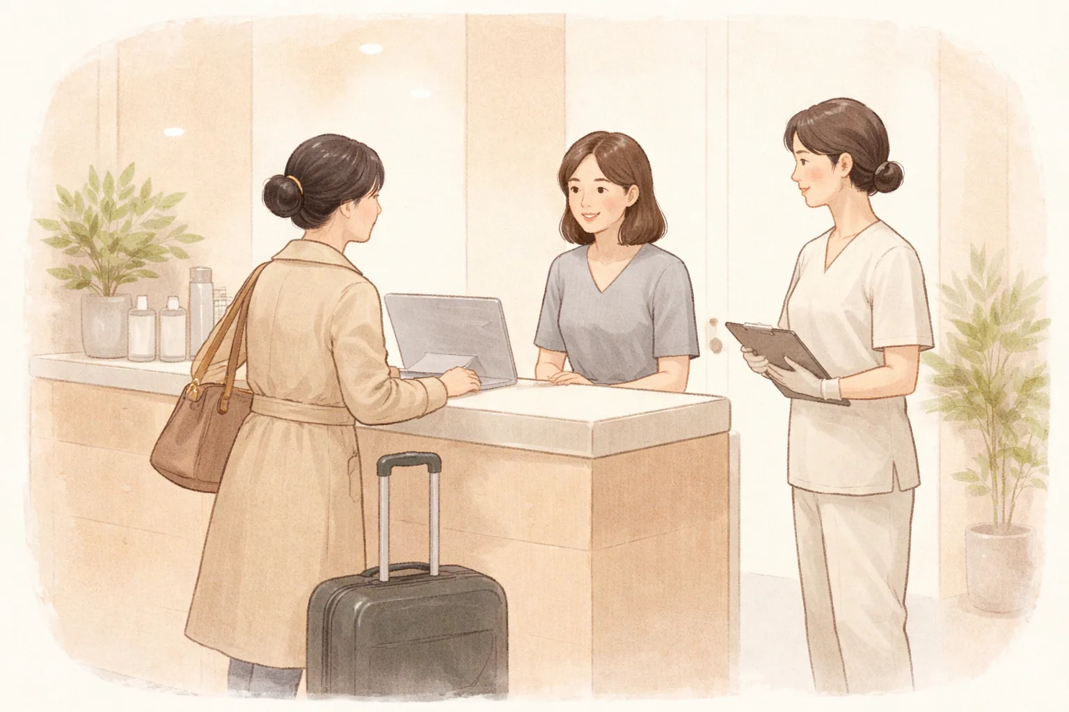 Mujer con maleta de viaje conversando con dos empleados en el mostrador de recepción