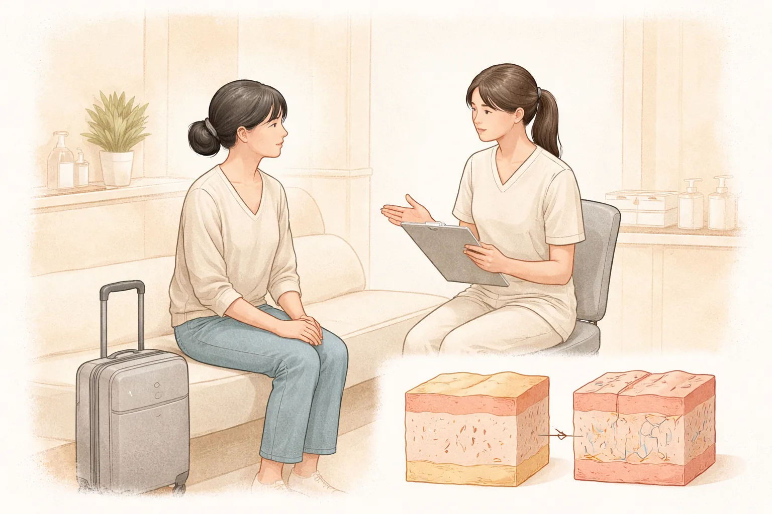 Dua wanita berkonsultasi dengan tenaga medis di sofa dekat koper dan diagram lapisan kulit